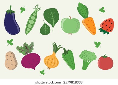 Healthy food, different vegetables, colorful vegetables, tomato, lettuce, parsley, beetroot, eggplant, apple, fruits, diet