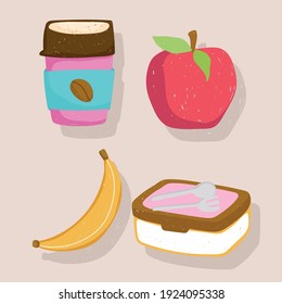 healthy food disposable coffee cup apple banana and lunch kit icons vector illustration