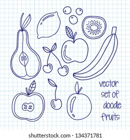 Healthy food doodle. Fruits abstract background. Hand drawn pear, lemon,  banana, cherry, berries, apple, kiwi. Vector illustration