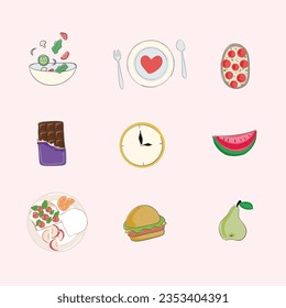 healthy food doodle style icons, healthy breakfast, balanced diet. Eat what you love. 