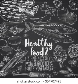 healthy food doodles on chalkboard