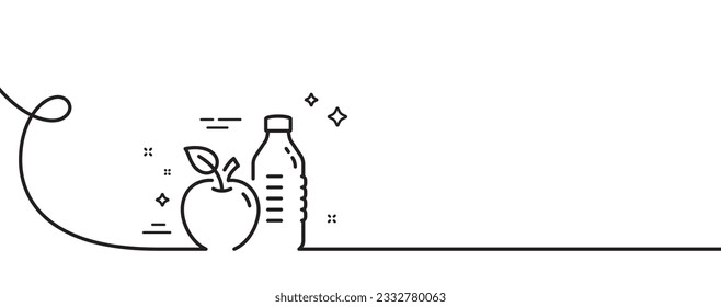 Healthy food and drink line icon. Continuous one line with curl. Water with apple sign. Gym fit bottle symbol. Healthy food single outline ribbon. Loop curve pattern. Vector