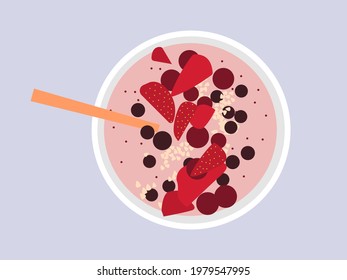 Healthy food eating. Bowl with cereal. fruit, berry, milk breakfast. Flate design illustration. View from above. Vector.
