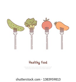 Healthy food, eating, raw and steamed vegetables, cucumber, broccoli, tomato, carrot on forks banner