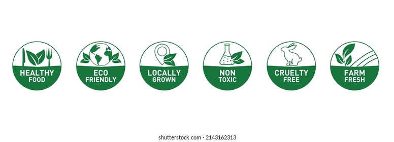 healthy food, eco friendly, locally grown, non toxic, cruelty free, farm-fresh icon set vector illustration 