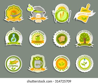 Healthy food from ecological organic naturally grown high quality fresh products stickers set abstract isolated vector illustration