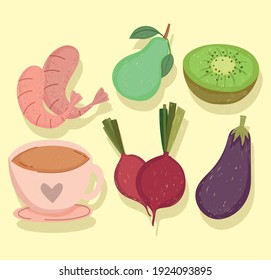healthy food eggplant beetroot kiwi pear and coffee cup vector illustration