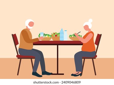 Healthy food for elderly couple concept, old man and woman eating healthy food, elderly care and  healthy aging vector illustration