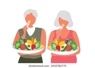 Alimentos saludables para el concepto de pareja de ancianos, ancianos y mujeres que comen alimentos saludables, cuidados de ancianos e ilustraciones vectoriales de envejecimiento saludable