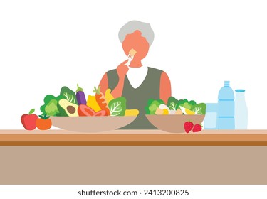 Healthy food for elderly couple concept, old man eating healthy food. Healthy aging for seniors care vector illustration