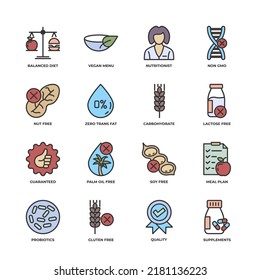 Healthy Food elements collection, flat icons set, Colorful symbols pack. Vector illustration. Flat style design