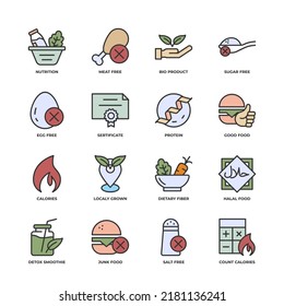 Healthy Food elements collection, flat icons set, Colorful symbols pack. Vector illustration. Flat style design