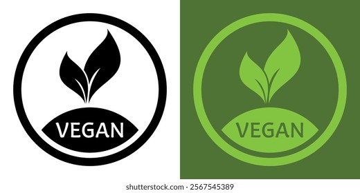 Healthy food emblem. Organic food icon. Round green vegan icon for stickers, labels and logos Vegan, meat free, lactose free, healthy, fresh food.