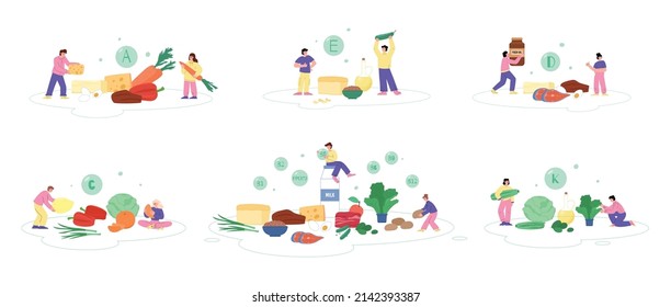 Healthy food enriched with essential vitamins - flat vector illustration isolated on white background. Set of balanced diet infographics with people holding nutrition products.