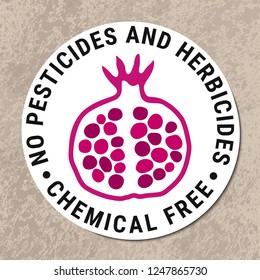 Healthy food eps 10 vector pomegranate sticker. Kraft paper background. No pecticides, herbicides, chemical free inscription