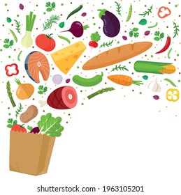Alimentos saludables cayendo en una bolsa de papel de supermercado. Alimentos saludables en bolsas de papel pescado, carne, queso, frutas y verduras de fondo blanco. Concepto vectorial de diseño plano de compras en supermercados.