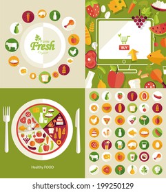 Healthy food and farm fresh and commerce concept, flat style, heart shape. food icons, vector illustration 