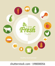 Healthy food and farm fresh concept, flat style, heart shape. vector illustration 