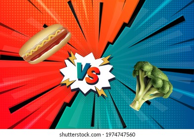 Healthy food or fast food. The choice of a nutritionist in the style of a comic book. Broccoli vs hot dog.