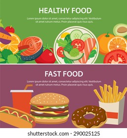 healthy food and fast food concept banner flat design