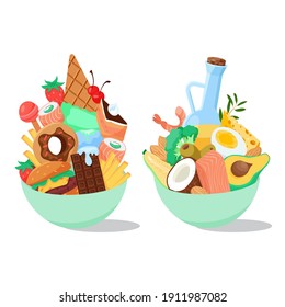 Healthy food or fast food, make write choice, colorful vector illustration