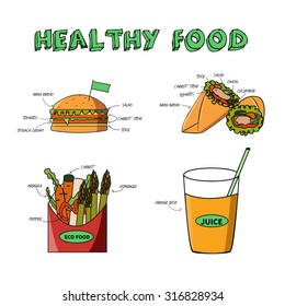 Healthy food and fast food, vector illustration