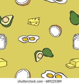 Healthy food fats breakfast pattern seamless vector (keto, clean eating concept), avocado color background. Vintage drawing style