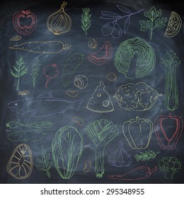 Healthy food. Fish, lemon,  rosemary, tomato, dill, arugula, cheese, broccoli, cauliflower, lettuce, radishes, nuts, cucumber, carrots, celery, onions, mushrooms, garlic, cabbage. Linear. Chalk board.