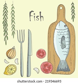 Healthy food, fish on a cutting Board, vegetables.