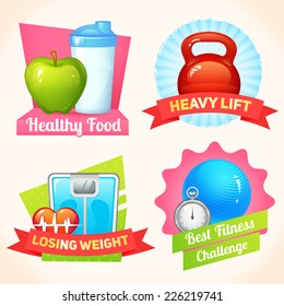 Healthy food fitness lifestyle heavy lift labels set isolated vector illustration