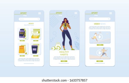Healthy Food, Fitness, Sport, Diet Mobile App Set. Smart Training, Dietary Menu Compilation Application. Service Sports Nutrition Order, Sportive News and Outdoor Exercises Review. Onboard Screens Kit