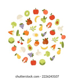 Healthy food flat color icons in circle on white background. Fresh natural products, vegetarian groceries. Vector illustration for banner, web page about healthy nutrition.