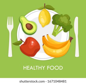 Healthy food flat design poster concept with organic fruits and vegetables on white dish with fork and knife, viewed from above on green background