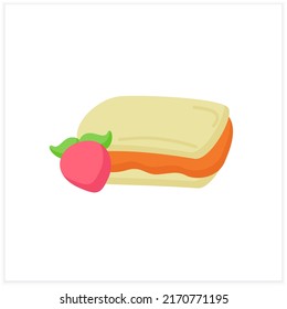 Healthy food flat icon. Organic sweet sandwich with strawberry for children nutrition. Natural meals. Baby food concept. Color vector illustration