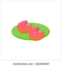Healthy food flat icon. Roasted salmon slices on a plate. Organic meals.Baby food concept. Color vector illustration