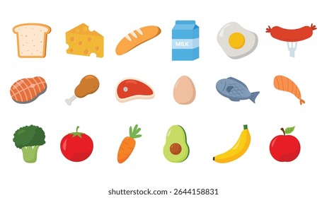 Healthy Food Flat Icon Set – Fruits, Vegetables, Meat, Fish, Dairy and Bakery Vector Illustration