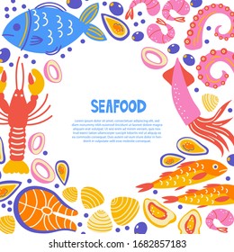 Healthy food flat set. Scandinavian illustration of seafood. Cooking courses poster with text space. Copyspace concept for farm market, restaurant menu design, banner, cookbook page.