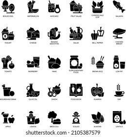 Healthy Food flat vector black and white icon collection set