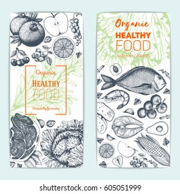 Healthy food flyers set. Organic food banner set, vector illustration. 
Vegetables, fruits, meat, fish hand drawn. Engraved style