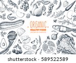 Healthy food frame vector illustration. Vegetables, fruits, meat hand drawn. Organic food set. Good nutrition.