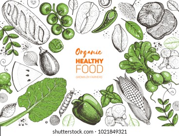 Ilustración vectorial de marco alimentario saludable. Verduras, carne y pescado a mano. Productos orgánicos. Comida en el mercado agrícola, colección conceptual.