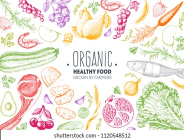 Healthy food frame vector illustration. Vegetables, fruits, berries, meat hand drawn. Organic food set. Good nutrition. Hand drawn sketch. Engraving style. Bright design template.