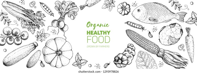 Healthy food frame vector illustration. Vegetables and fish hand drawn. Organic products set. Farm market food collection. Corn, celery, tomato, pepper, carrot, pumpkin, peas, cucumber, fish sketch.