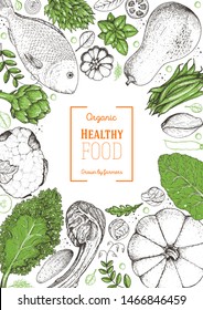 Healthy food frame vector illustration. Vegetables, meat and fish hand drawn. Organic products set. Farm market food collection. 