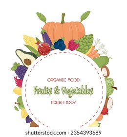 Healthy food frame vector illustration. Hand drawn Vegetables and fruits . Organic food banner. Good nutrition.