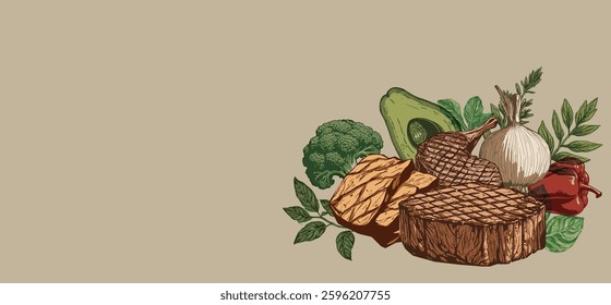 Healthy food frame vector illustration. Vegetables, fruits, meat hand drawn.