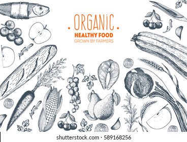 Healthy Food Frame Vector Illustration. Vegetables, Fruits, Meat Hand Drawn. Organic Food Set