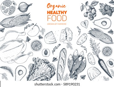 Healthy food frame vector illustration. Vegetables, fruits, meat hand drawn. Organic food set