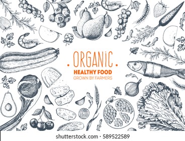 Healthy food frame vector illustration. Vegetables, fruits, meat hand drawn. Organic food set. Good nutrition. - Shutterstock ID 589522589