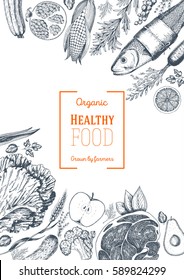 Healthy food frame vector illustration. Vegetables, fruits, meat hand drawn. Organic food set. Linear graphic.